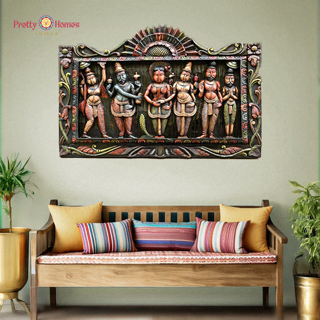 Handcarved Meenakshi Kalyanam panel — wooden Shiva Parvati wedding wall art.
