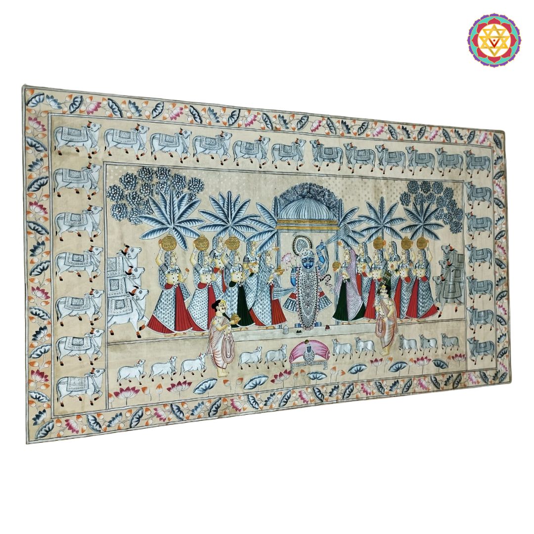 horizontal vintage finish handpainted pichwai rajbhog swaroop detailed close-up of handpainted textures and rich devotional motifs