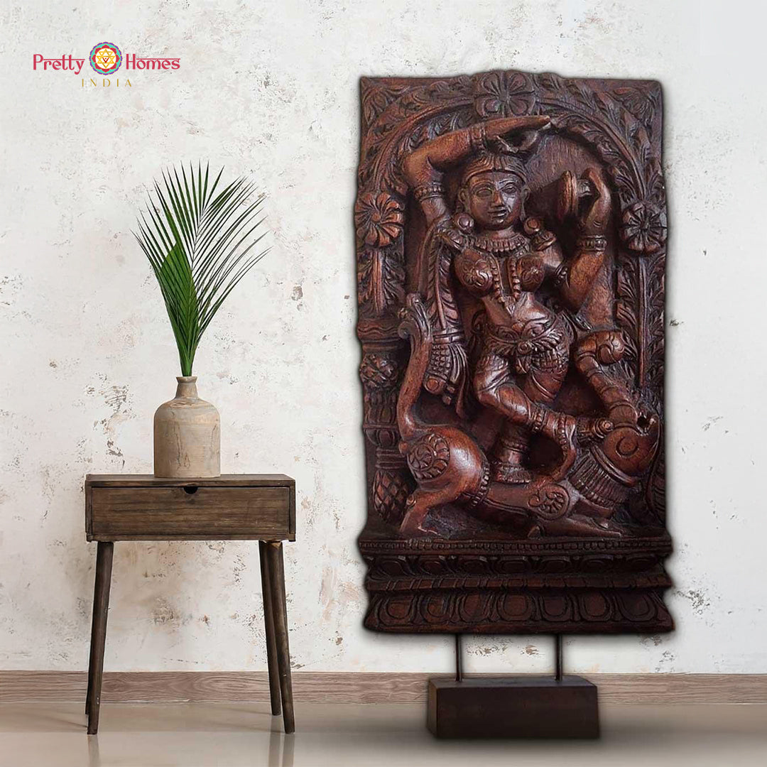 Hand-carved wooden Apsara sculpture for tabletop or wall mount — antique gold finish, elegant Indian home decor figurine
