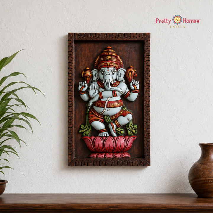 Wood-Carved Dancing Ganesha Frame Mount Handcrafted Wall Panel