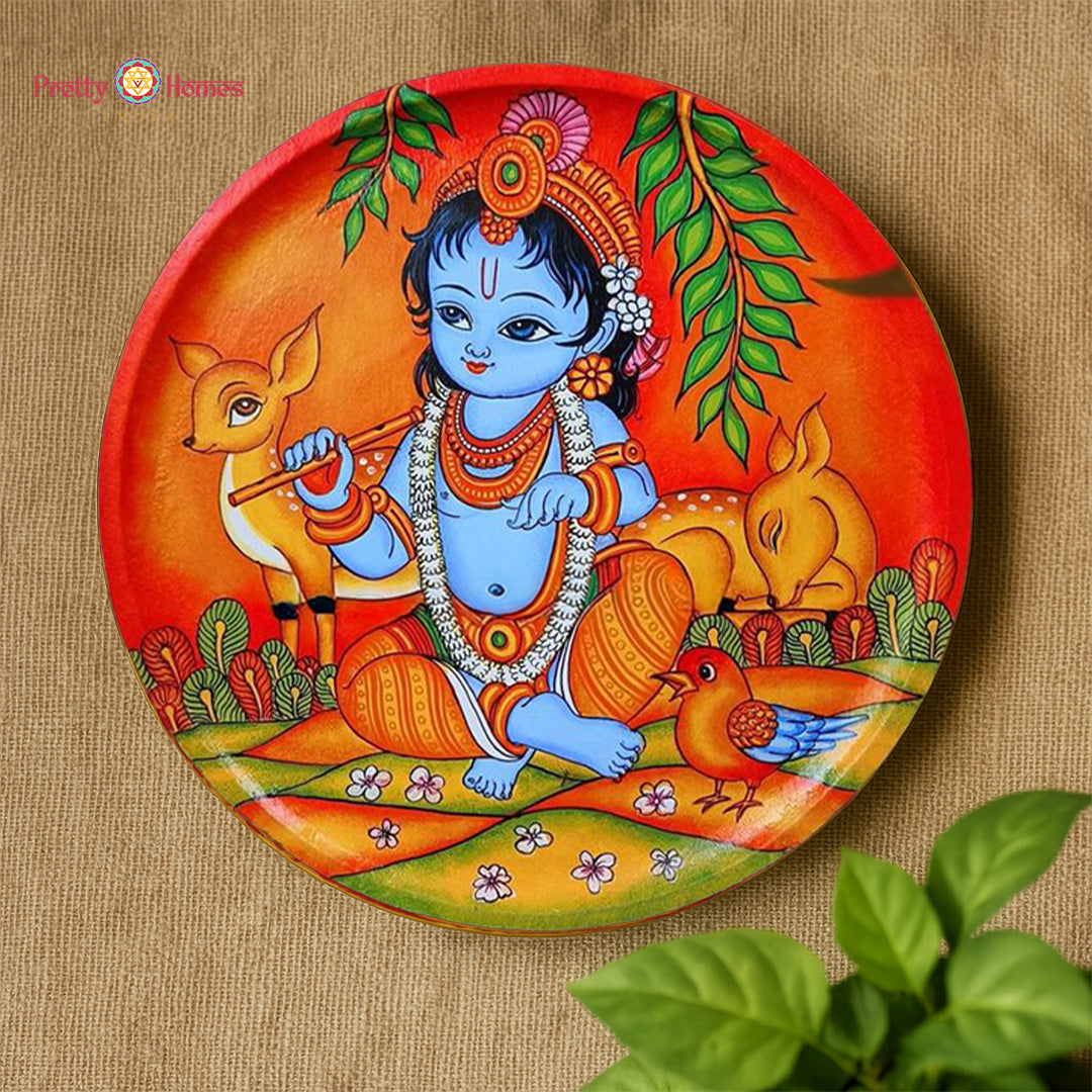 Bal Krishna mural wall plate showing Krishna playing joyfully in Kerala handpainted style