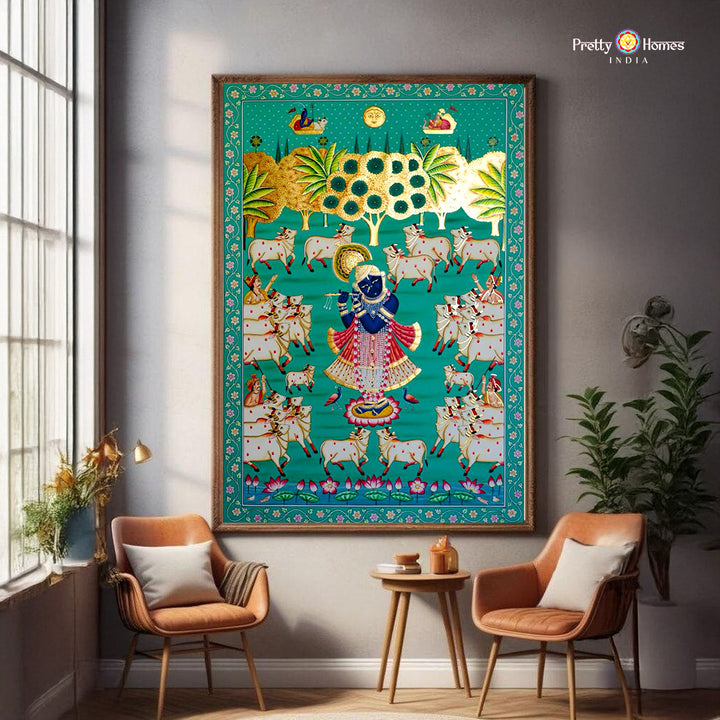 Hand-Painted Blue Pichwai – Shrinathji with Cows