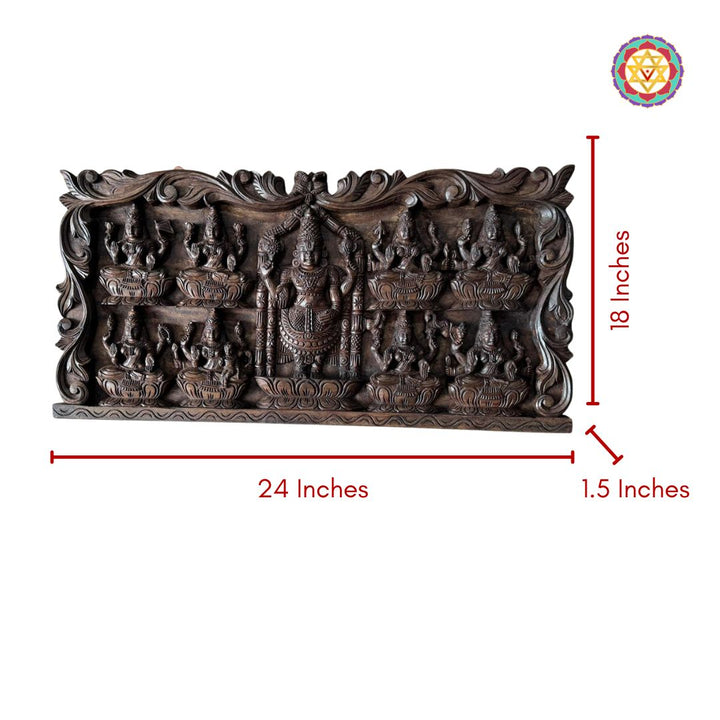 Wooden wall art with carvings and measurements on a white background : Dimension view of wooden wall panel featuring Tirupati Balaji design

