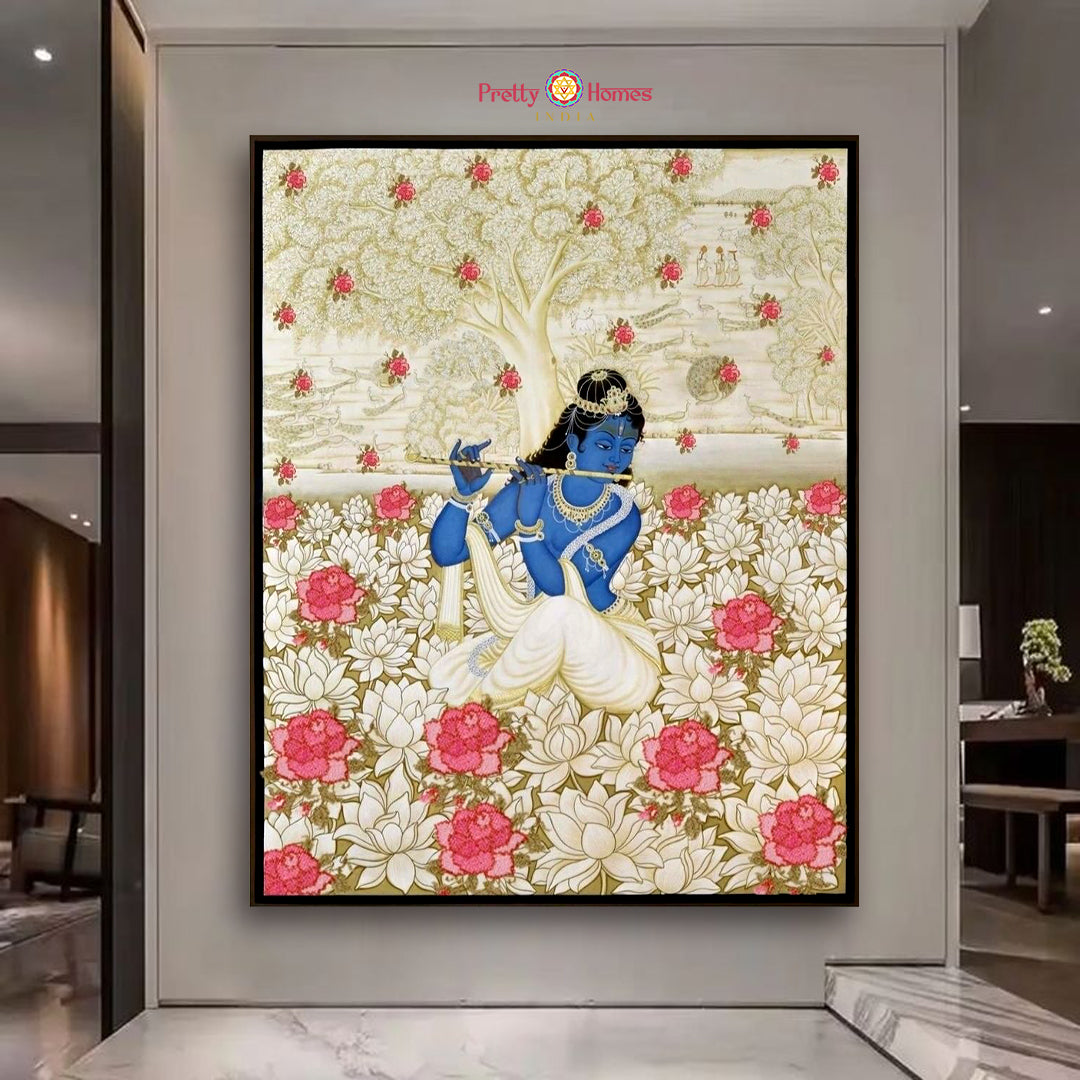 floral krishna pichwai full artwork with blossoms and soft detailing