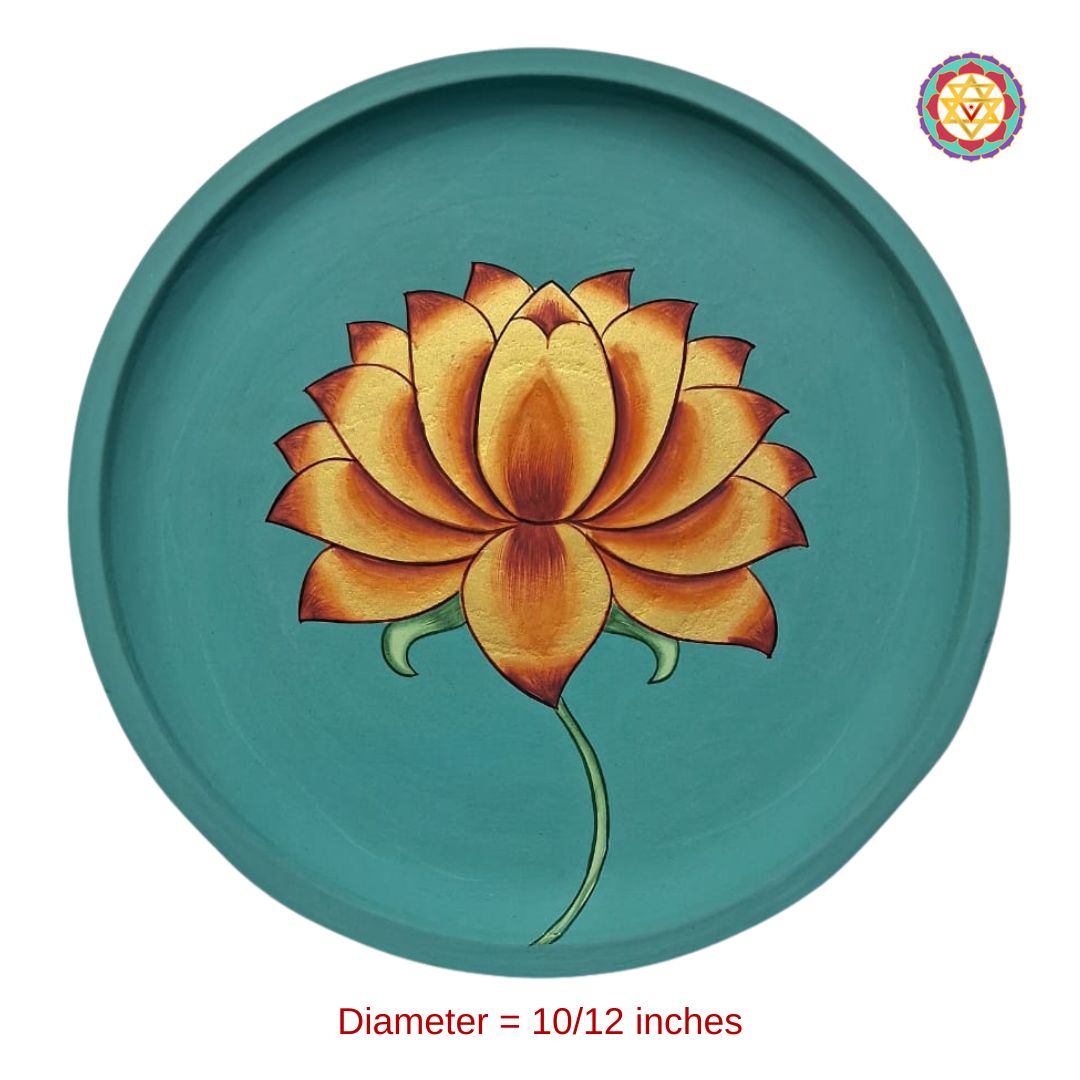hand-painted indian floral wall plate featuring golden lotus design, rich metallic tones and intricate detailing