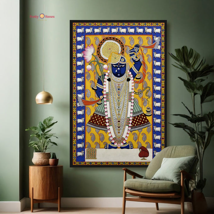 Handpainted Pichwai Shrinathji with Unique Cow Border & Paisley Design