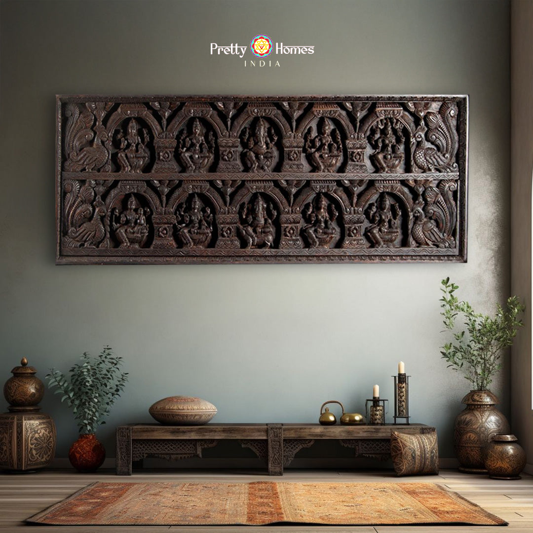 Horizontal Ganesha Lakshmi panel with carved peacocks and floral elements