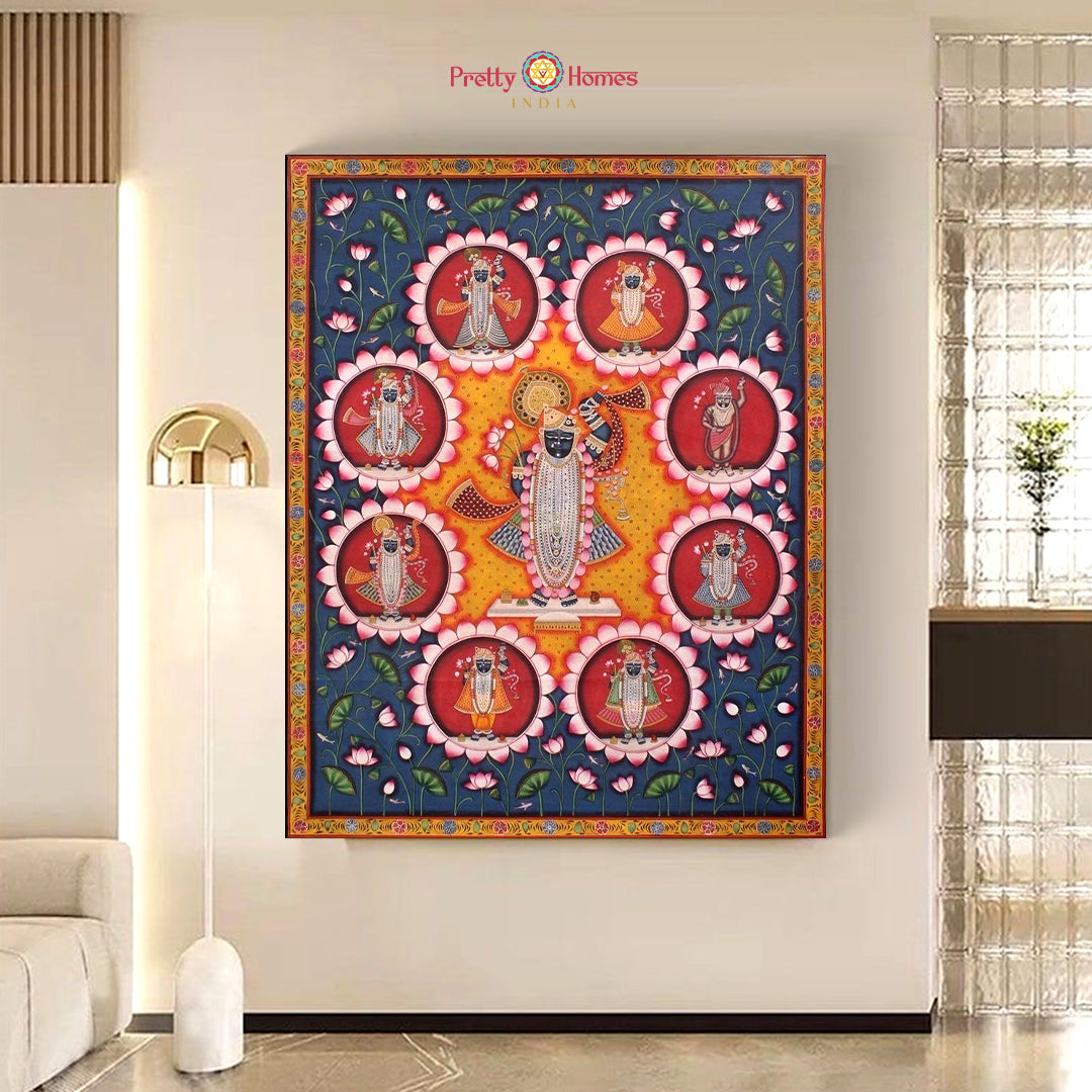 Hand-painted Pichwai Shreenathji Darshan — traditional Indian painting on cloth featuring Lord Krishna in divine form