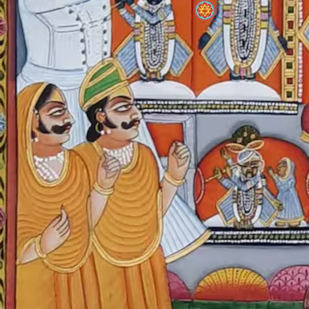 Hand-painted Radha Krishna wall painting in bright floral background for home decor