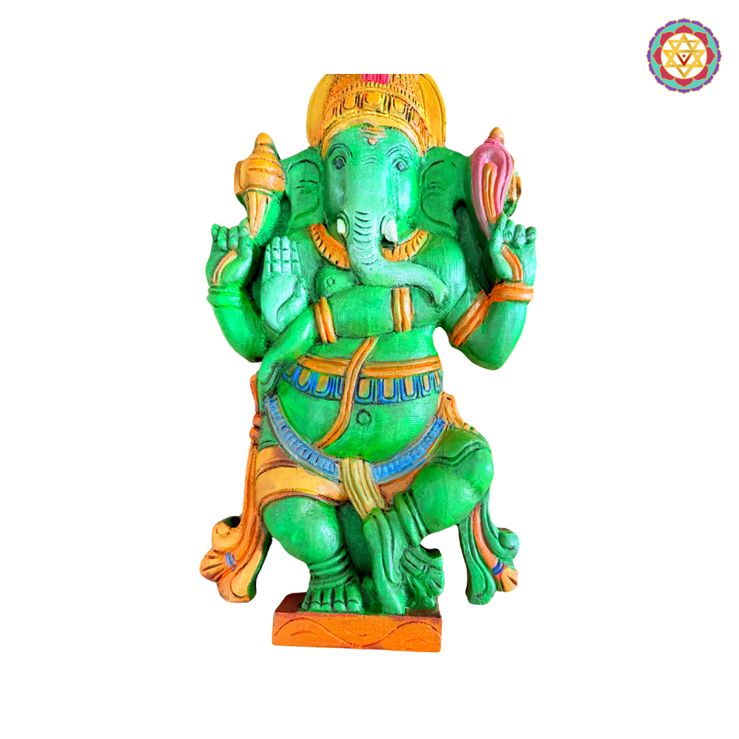 Closeup detailing of handcarved multicolour dancing Ganesha idol