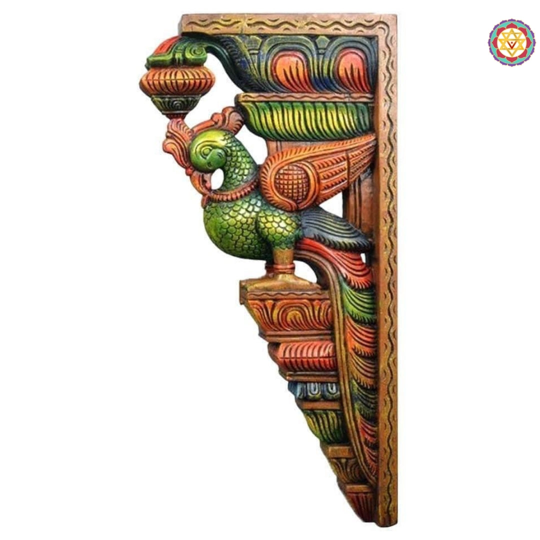 Texture detail of parrot wall brackets showing handcarved motifs and colourful painted finish