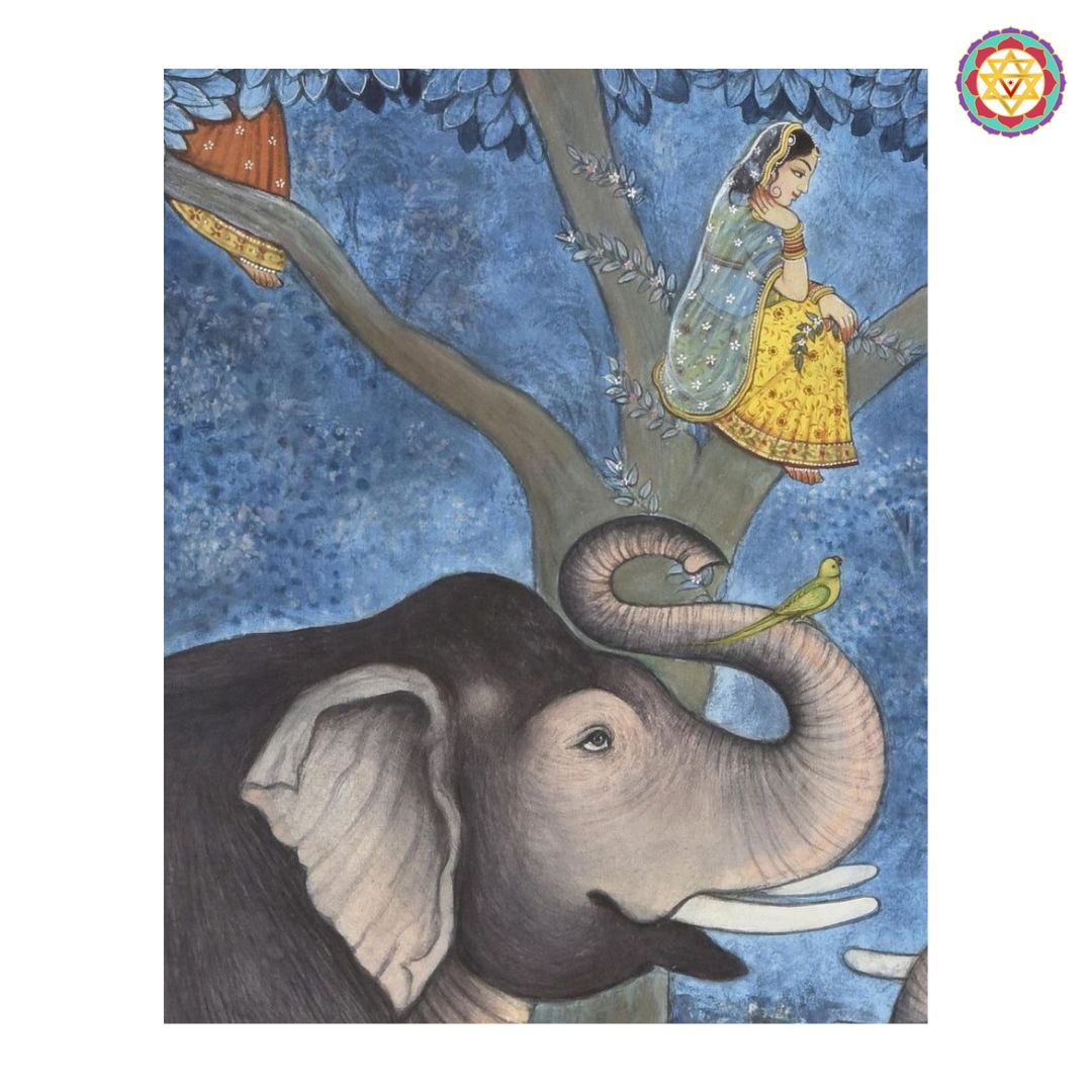 close-up of krishna with elephants showing ornate detailing and colours