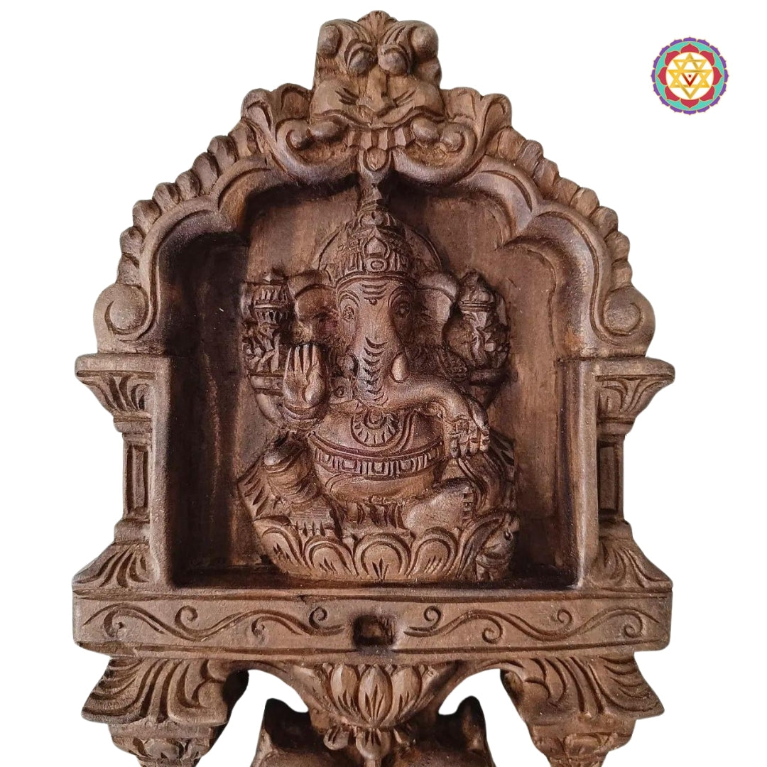 Woodcarved Ganesha & Laxmi kavadi style wall mounts with parrot carvings .