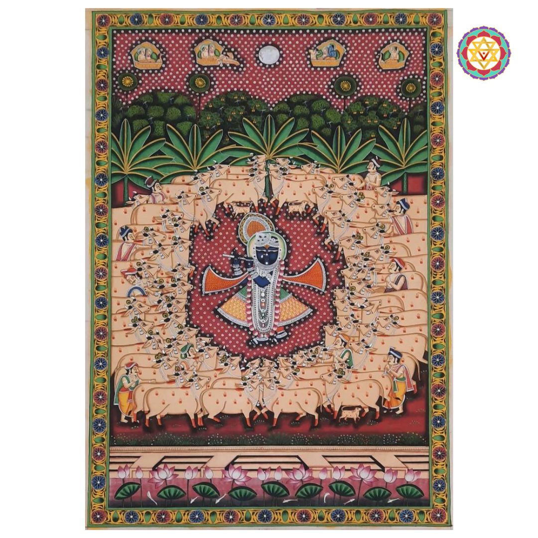 close up of hand painted pichwai gopastami showing fine brushwork and traditional motifs