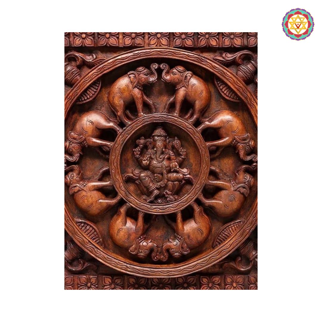 close up of ganesha surrounded by carved elephants circular design