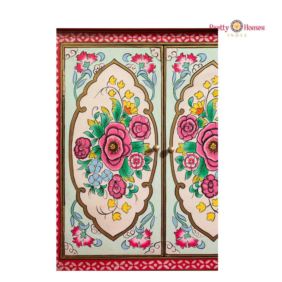 Handpainted Wooden Storage Cabinet / Sideboard with Floral Arches