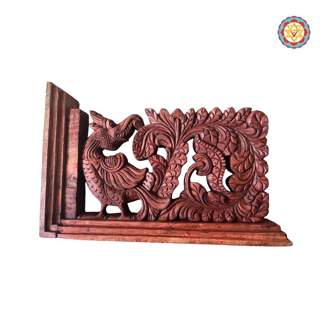 close up of yali sculpture highlighting intricate wood carving and texture