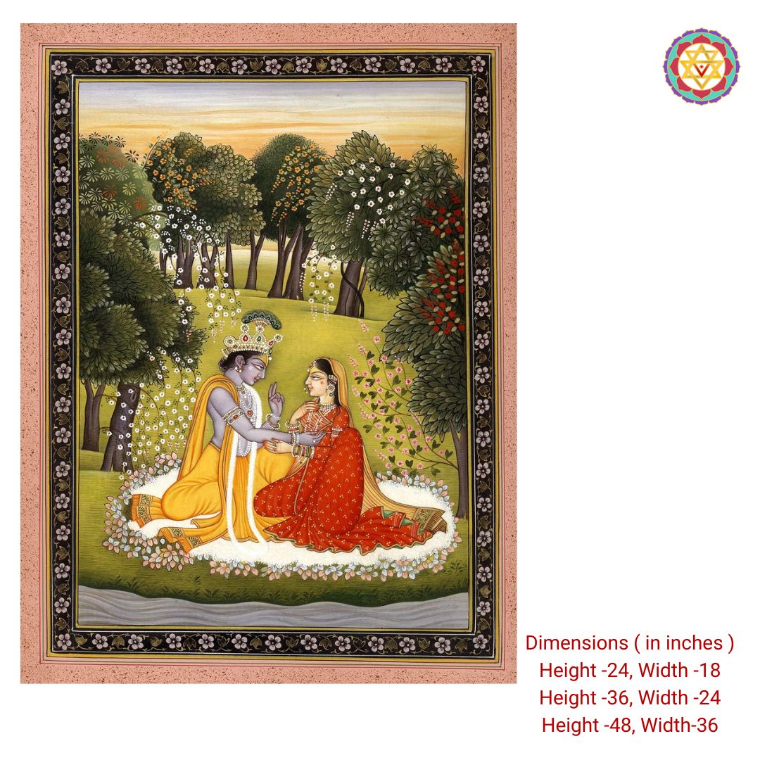 Radha Krishna garden scene close-up showing figures and delicate floral border