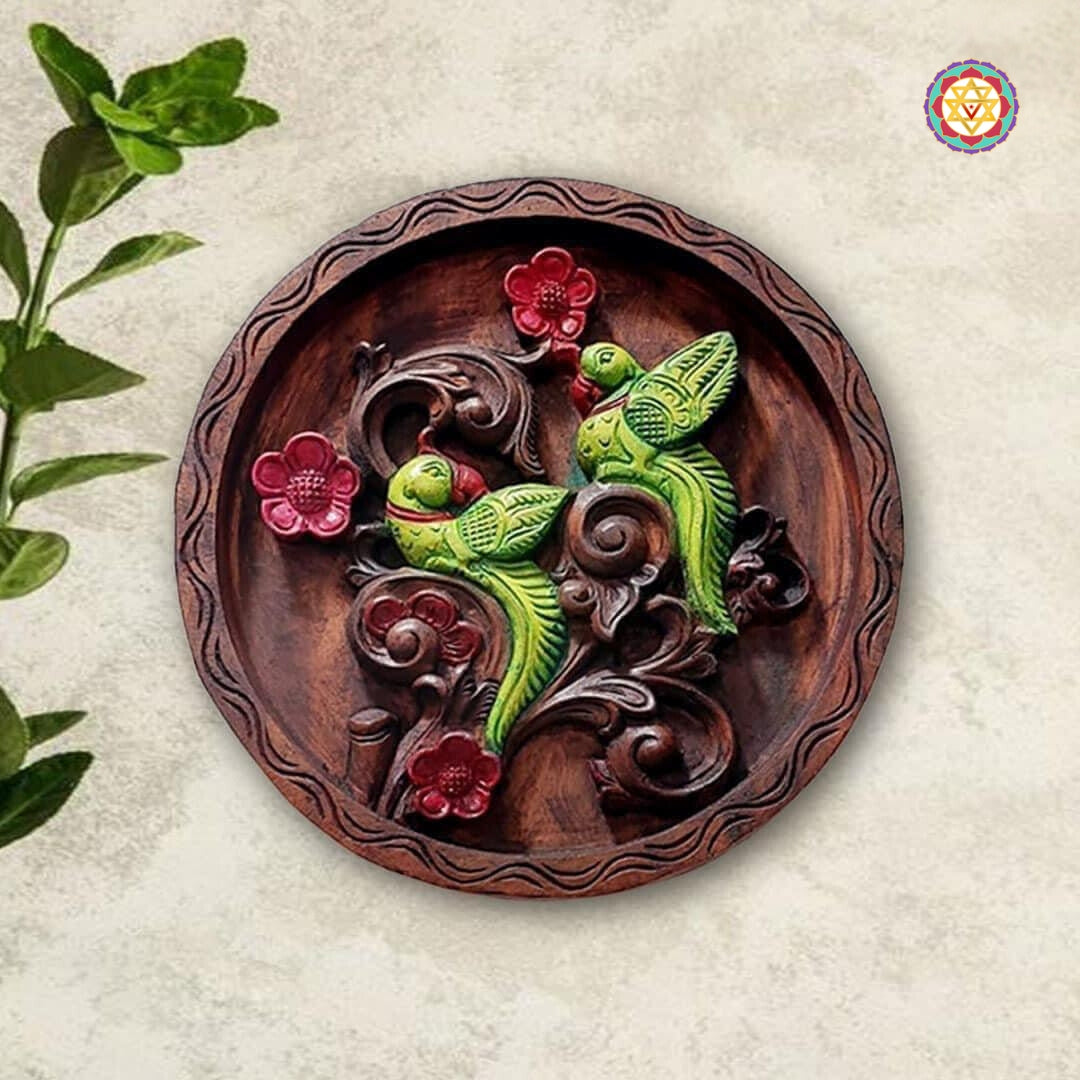 Multicolour wooden wall decor with carved parrots and blossoms