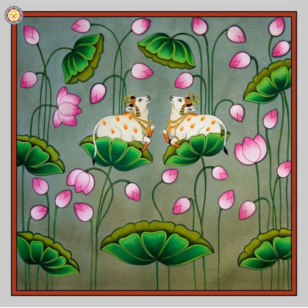 handpainted pichwai cows art showing lotus pond and floral design