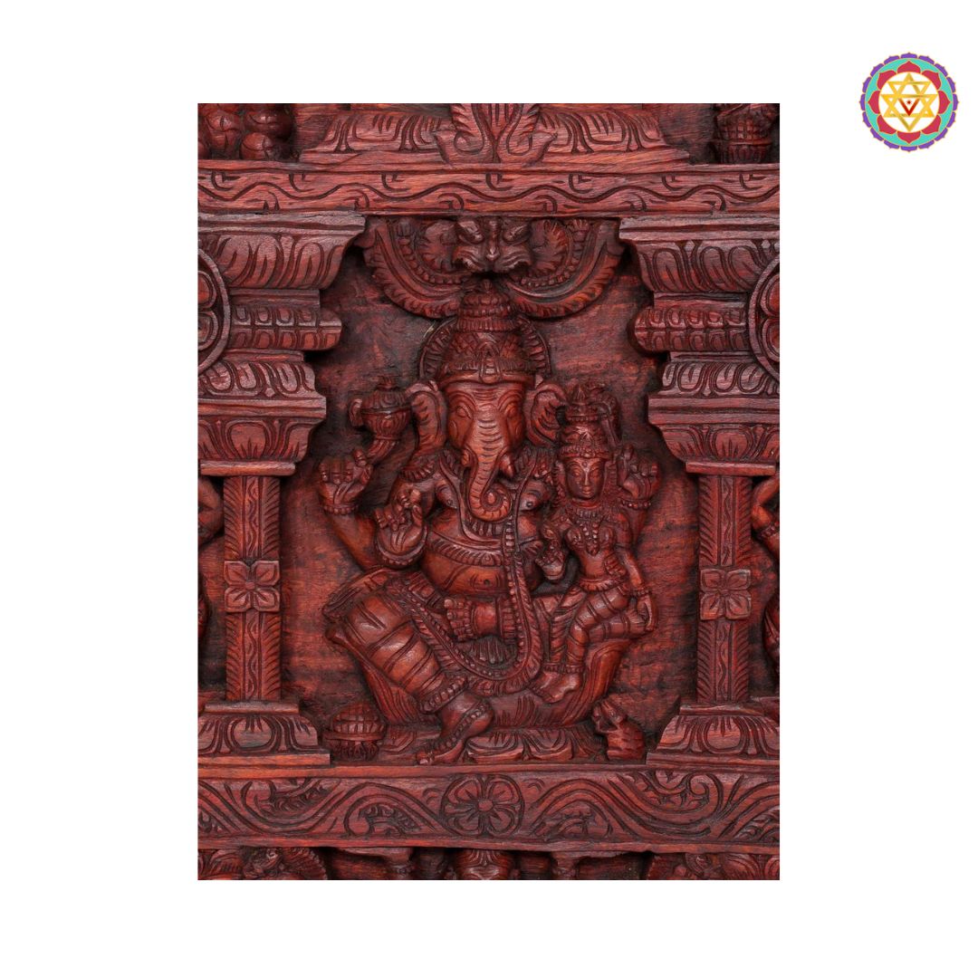 Lower panel view with geometric carving patterns