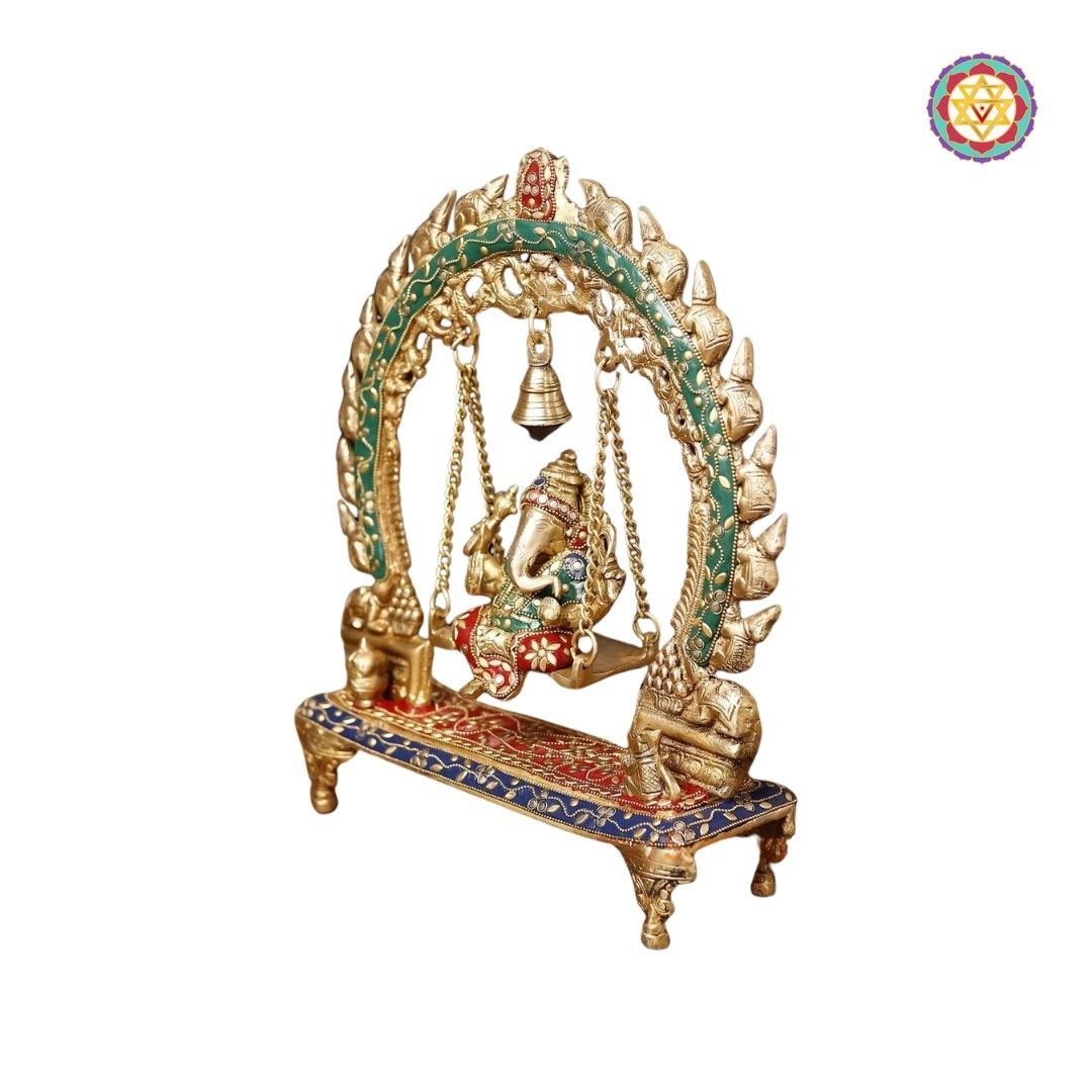 Brass Ganesh Jhula on Swing with Bell, Stone Work, 15”