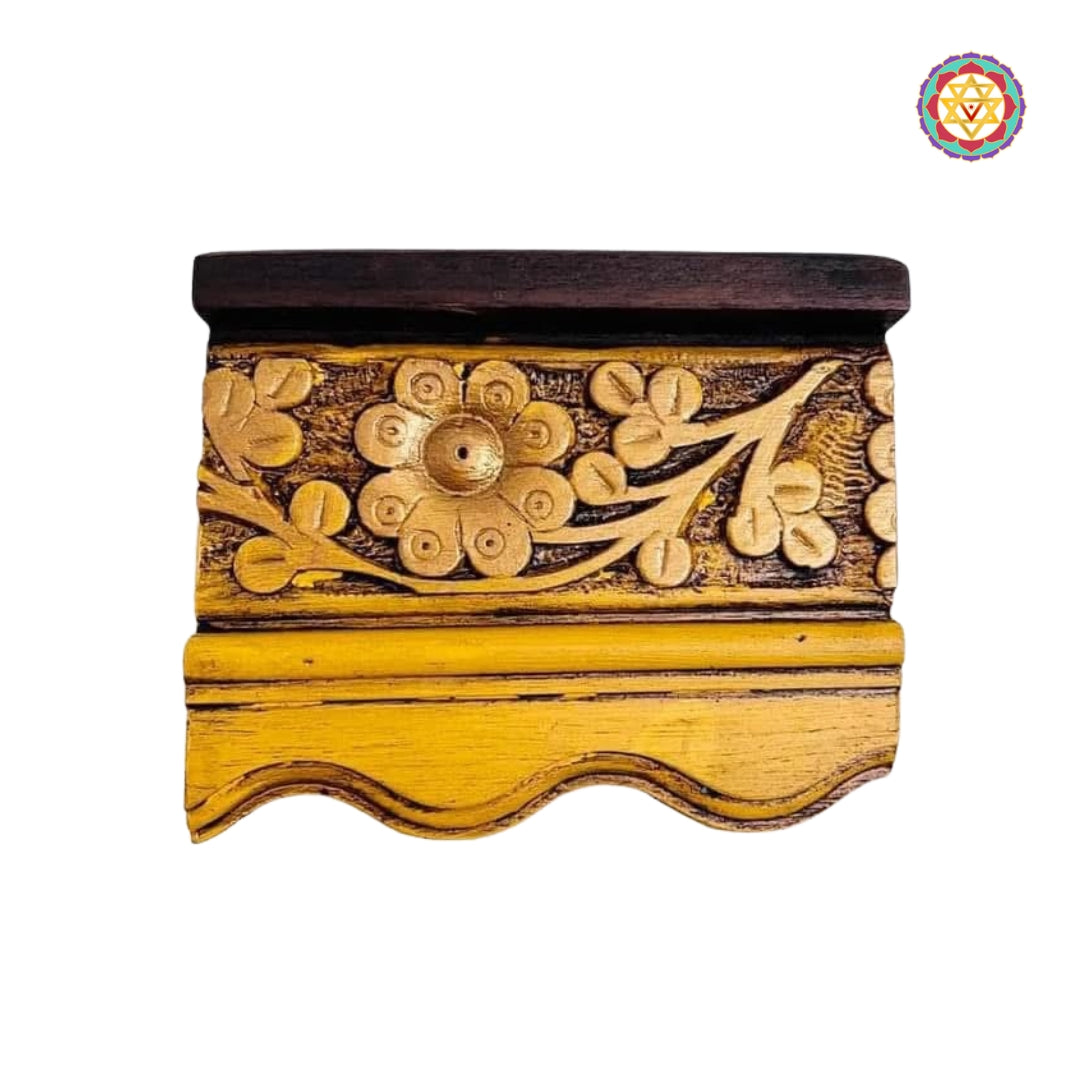 decorative wooden shelf with floral carving for living room walls