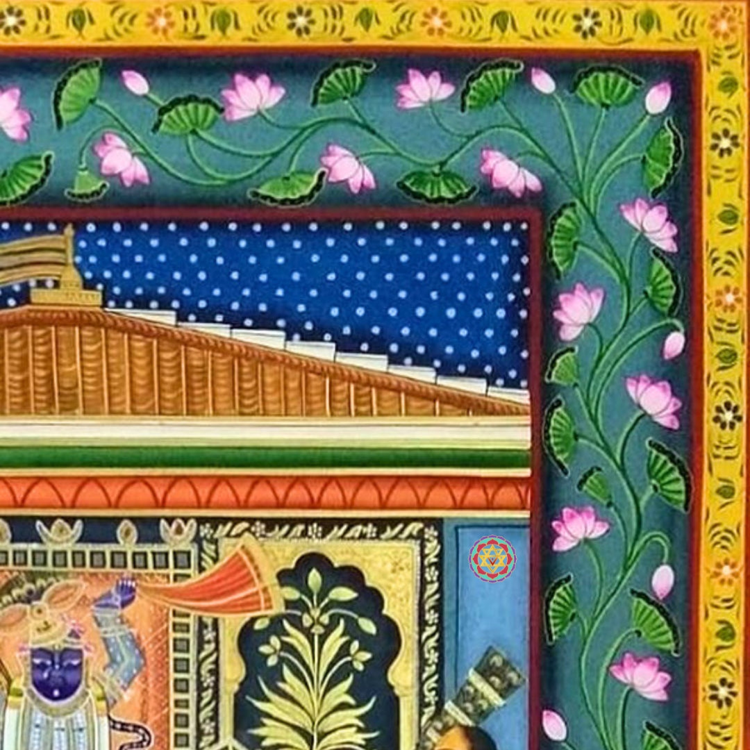 Intricate Pichwai tableau featuring Krishna’s leelas with floral and animal motifs