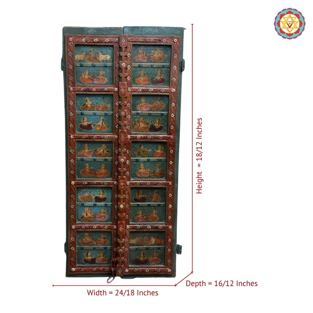 Texture detail of handpainted Pichwai door frame showing wood grain and paint