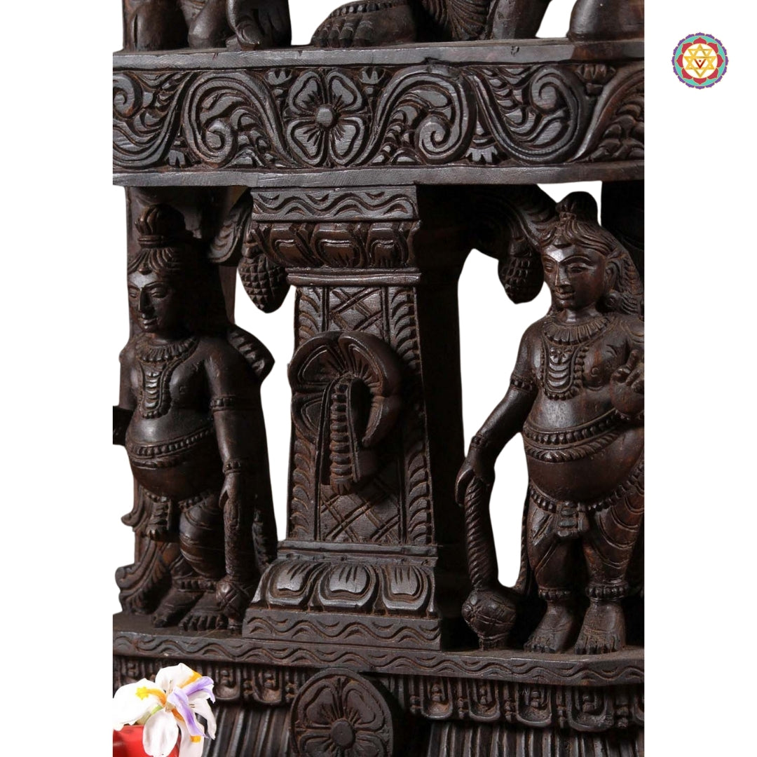 Handcarved Wooden Gopal Krishna Panel Canopy  Sculpture with Playful Cow and Two Gopis