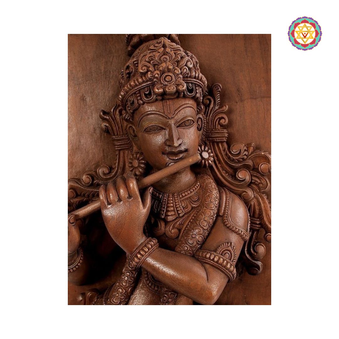 Wooden sculpture of a deity playing a flute on a wooden background - Measurement view of vertical Krishna wooden panel