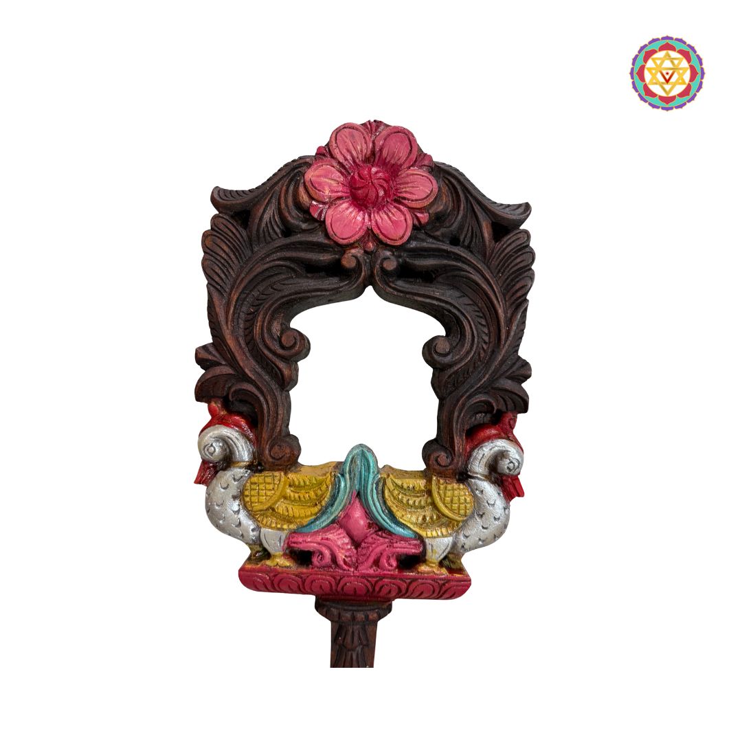 Exquisitely handcarved wooden mirror frame featuring majestic Annams and intricate floral motifs.