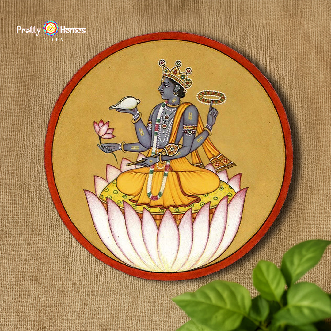 Hand-painted wall plate featuring divine Vishnu full view