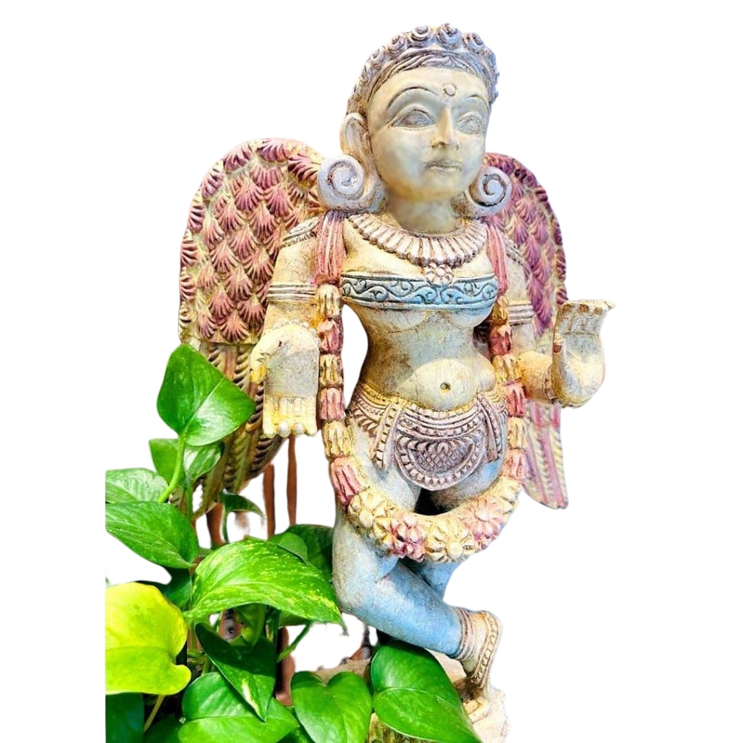 Woodcarved Gandharva /Indian Angel sculpture  Mounted on carved wooden stand (Single)