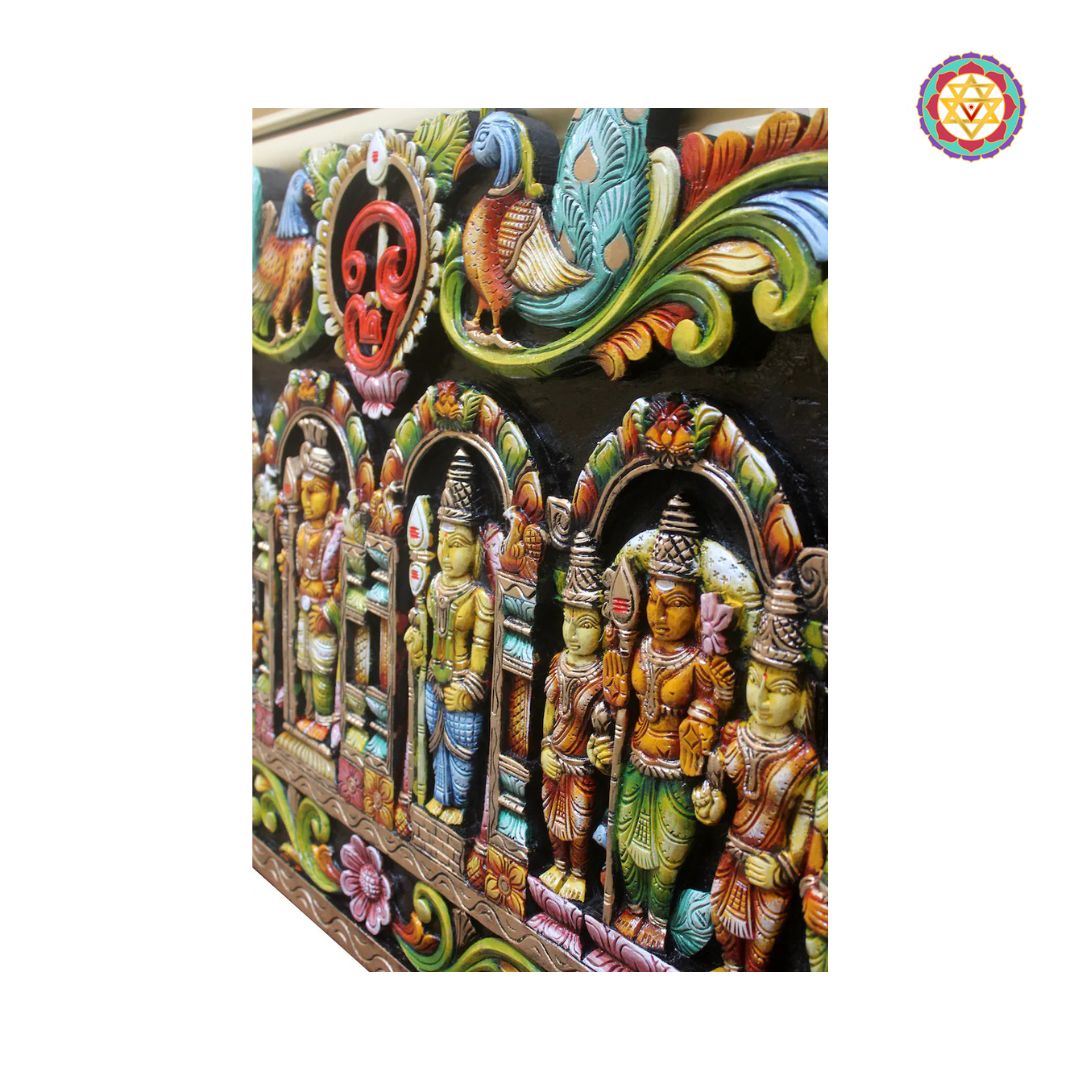 intricate details of temple motifs and kartikeya carving