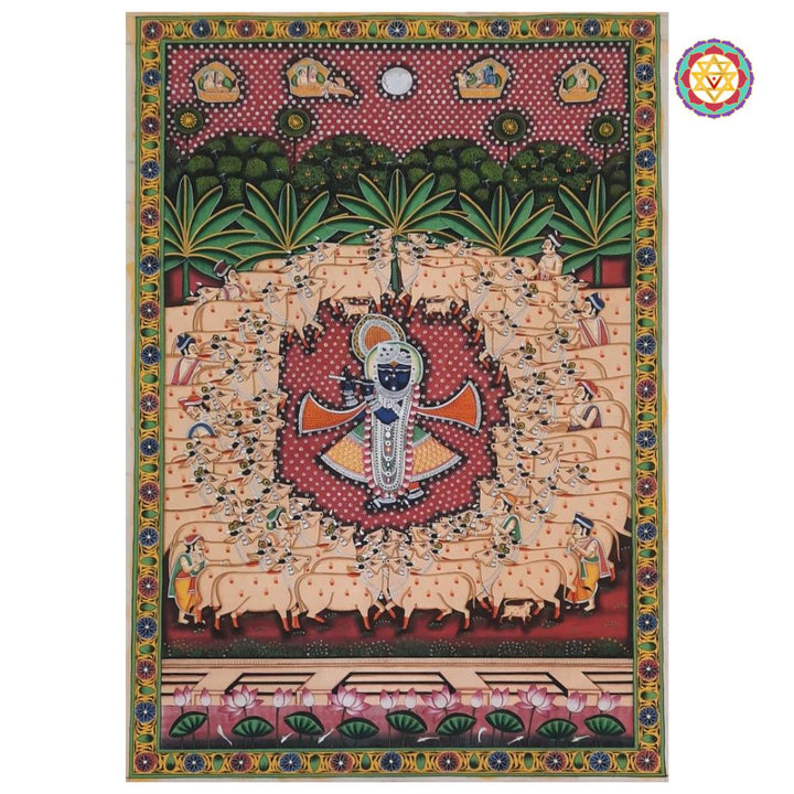 close up of hand painted pichwai gopastami showing fine brushwork and traditional motifs