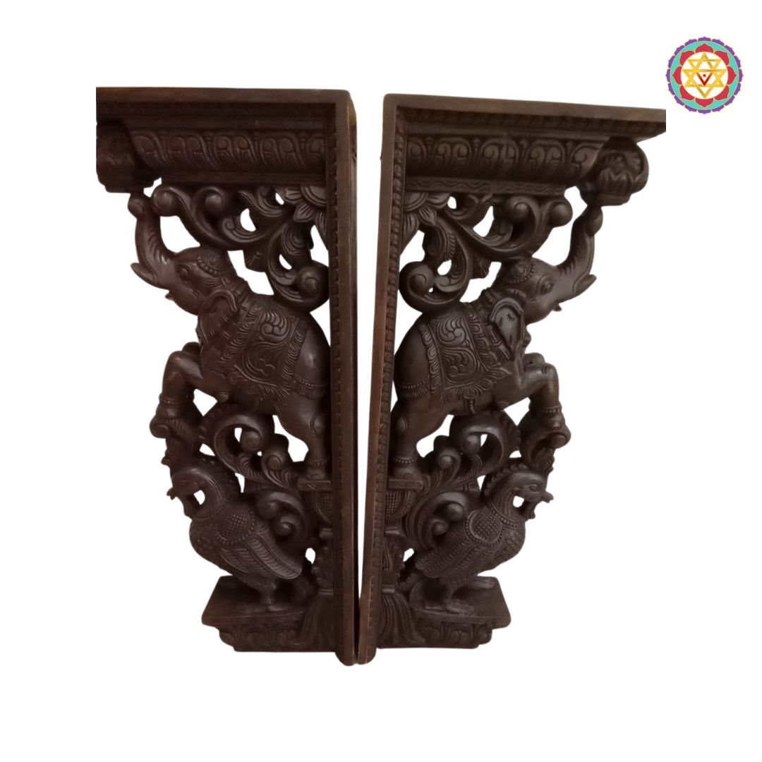 woodcarved elephant bracket closeup intricate wooden detailing