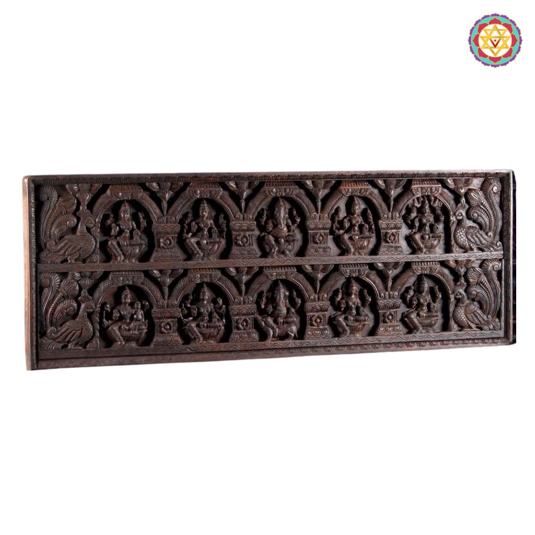 Handcarved horizontal panel Exquisite Ganesha & Lakshmi Panel – Adorned with Graceful Peacocks