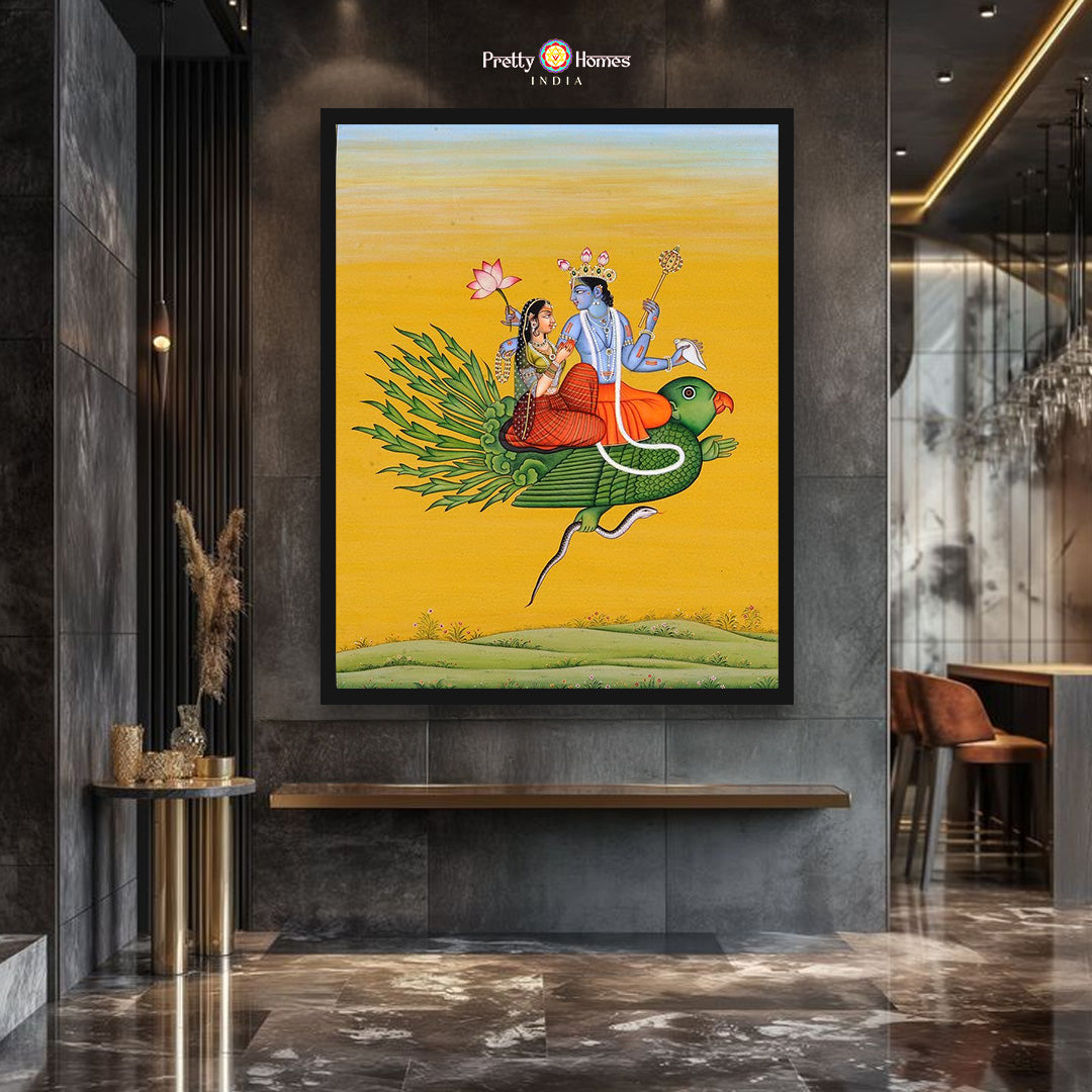 Handpainted pichwai - Celestial Journey – Pichwai of Vishnu with Laxmi on Garuda vahana