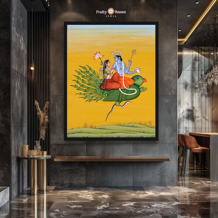 Handpainted pichwai - Celestial Journey – Pichwai of Vishnu with Laxmi on Garuda vahana