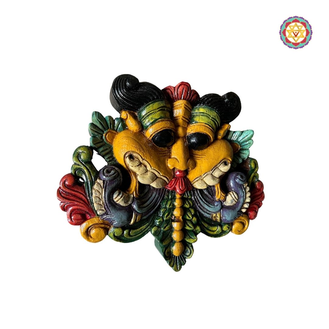 Close-up of Yali wall hanging mask in vibrant colors
