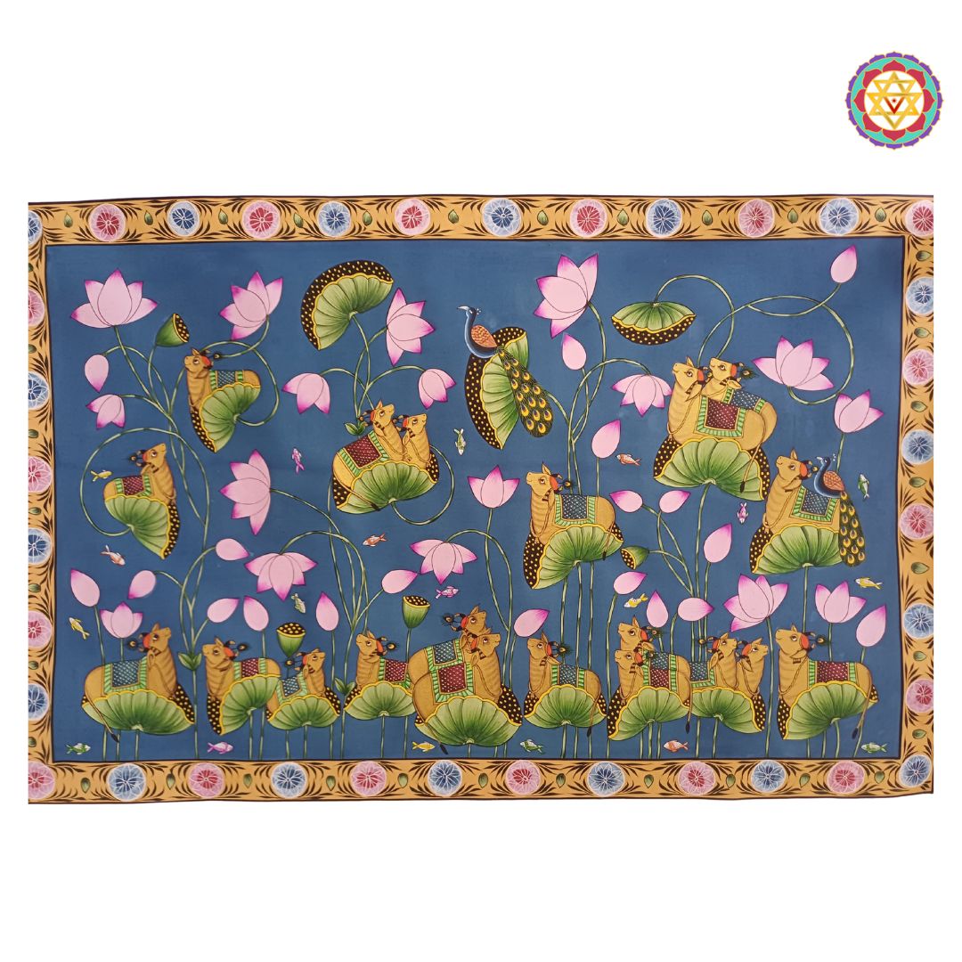 hand-painted divine scene with lotus pond and cows