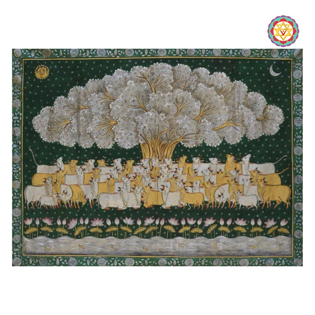 close-up of cows under tree of life pichwai highlighting brushwork and antique color tones
