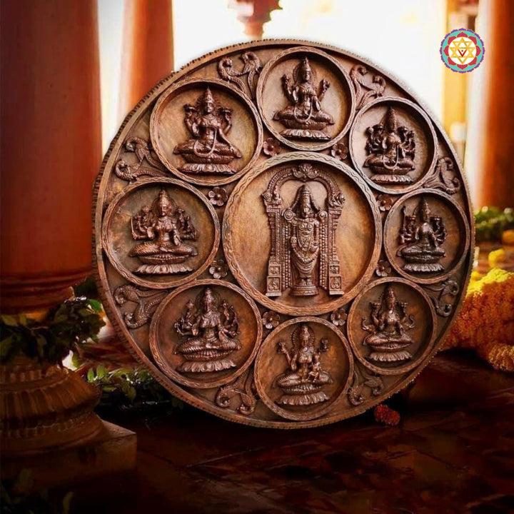 Handcarved circular wall art with Lakshmi forms