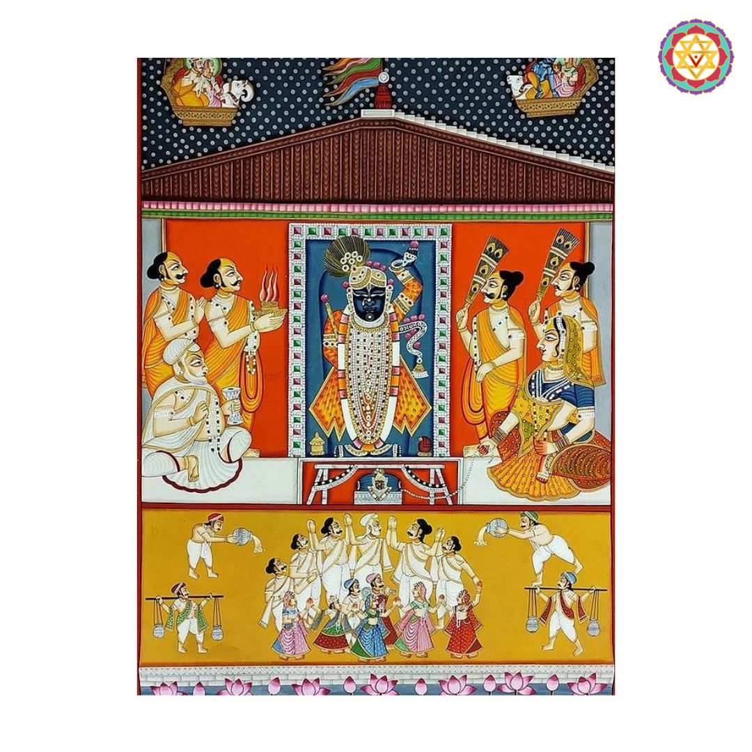rajbhog darshan pichwai close up showing expressive features and ornaments