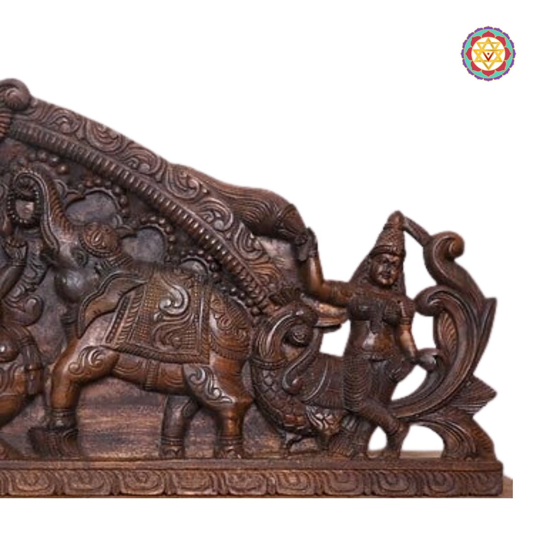 48-inch wide wood art panel featuring Gajalakshmi seated on lotus