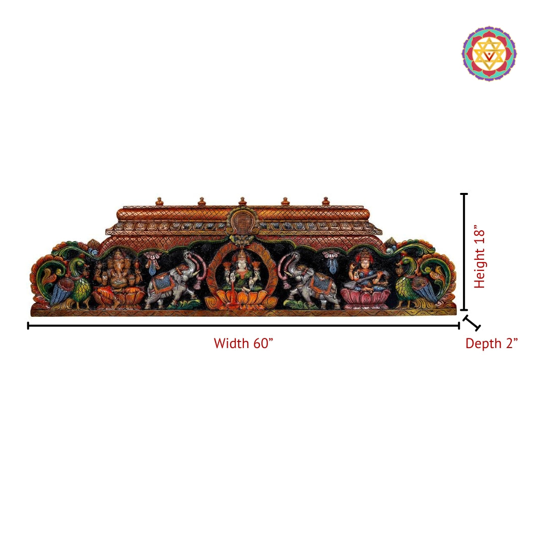 60” Handcrafted Wooden Gopuram Design Gaja Lakshmi Panel with Ganesha & Saraswati