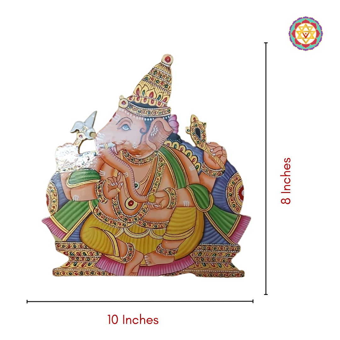 Vibrant Ganesha cutout painted on engineered wood in Pichwai style.