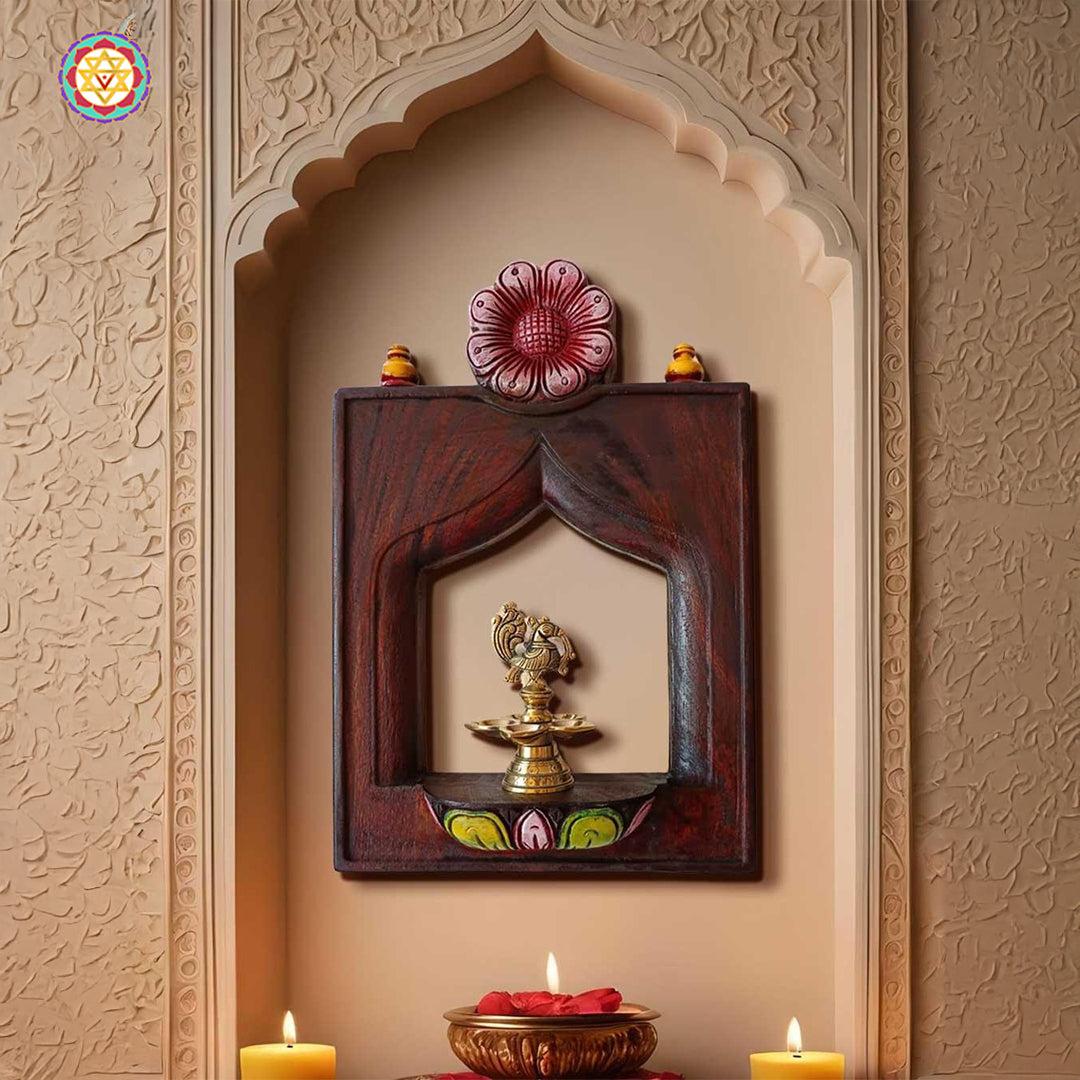 Wooden carved photo frame with stand — handcrafted Indian table decor.