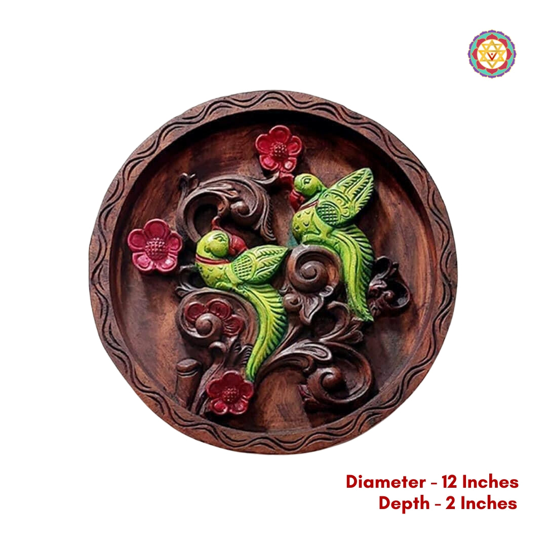 Decorative wooden plate with parrots and flowers for home décor